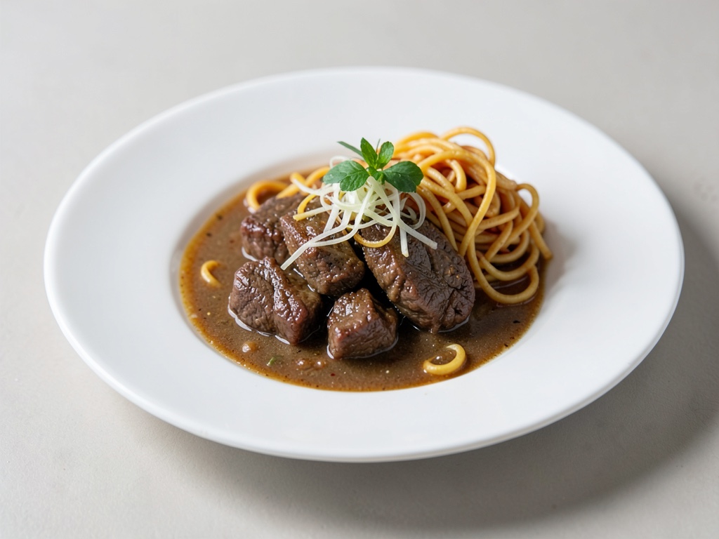 Shot di brodo di manzo intensi con noodles croccanti
