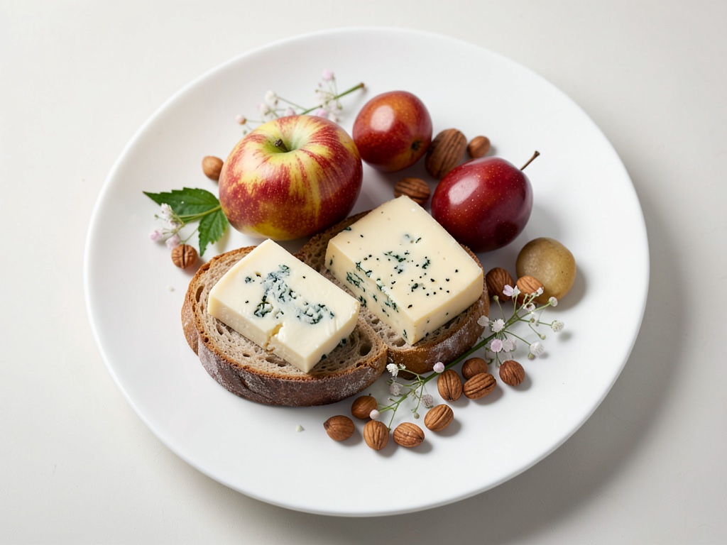 Pane con formaggio erborinato, pere e fiori commestibili