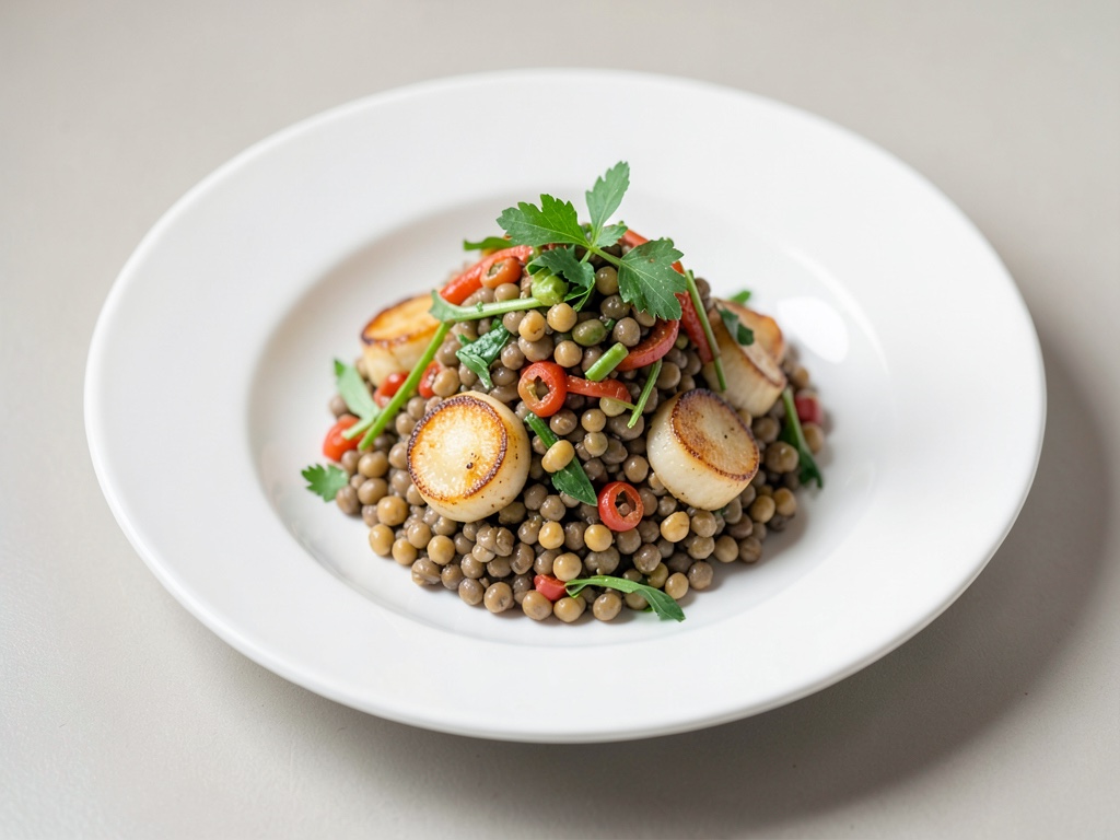 Insalata di lenticchie Beluga con scaloppine di pettine fritte