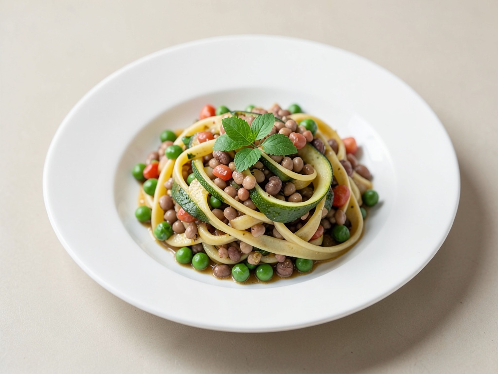 Bio-Eintopf-Pasta mit Zucchini, Erbsen und Linsen