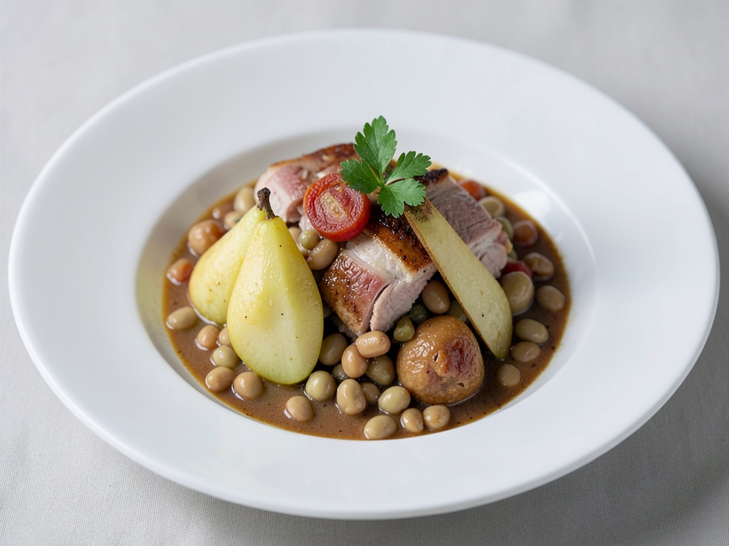 Zuppa intelligente con pere, fagioli e carne affumicata
