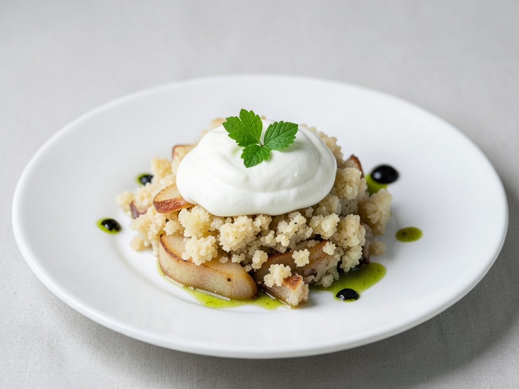 Birnen-Crumble mit Limettensahne