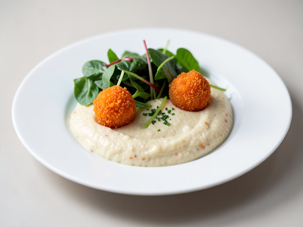 Purè di pere cremoso con polpette di carote croccanti e insalata fresca di spinaci