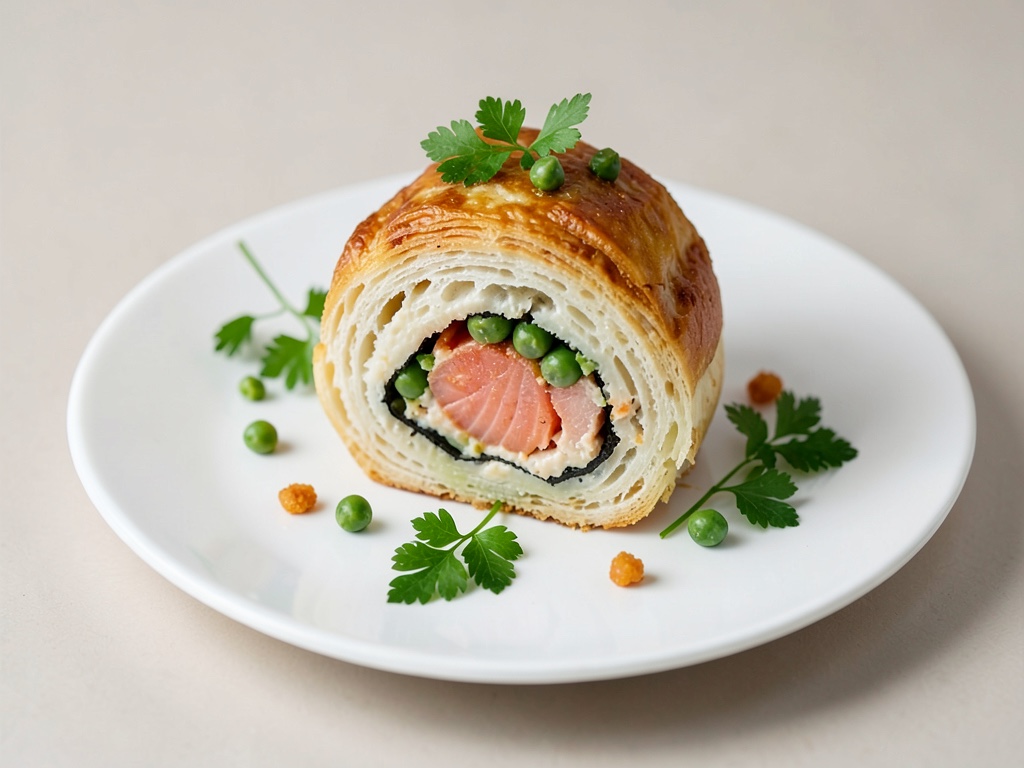 Rouleau de pâte feuilletée au saumon et aux pois (Kulebiak)