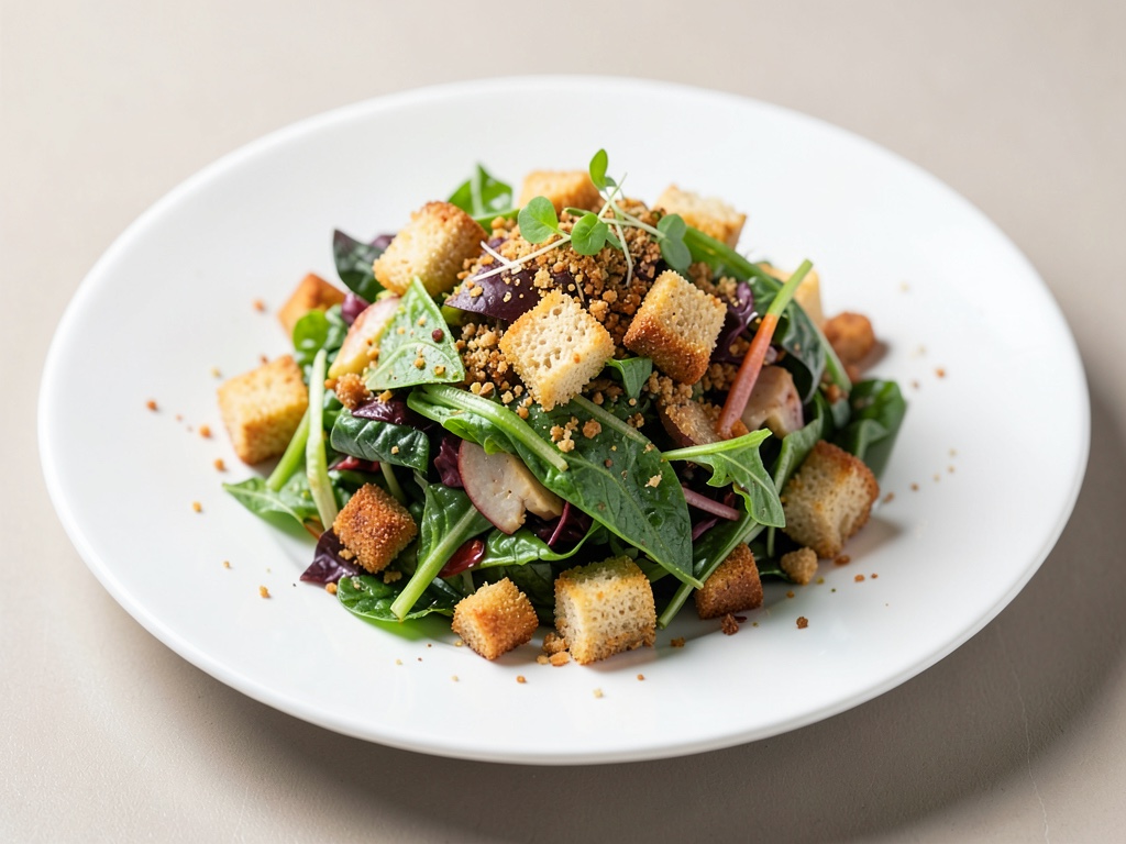 Insalata croccante di verdure a foglia con croutons croccanti