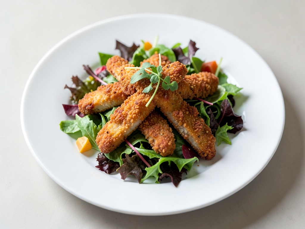Straccetti di pollo croccanti su insalata mista