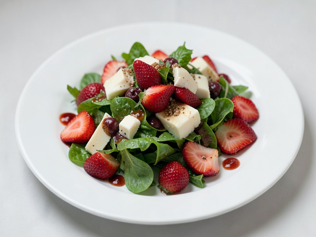 Salade de feuilles fraîches aux fraises et fromage de chèvre