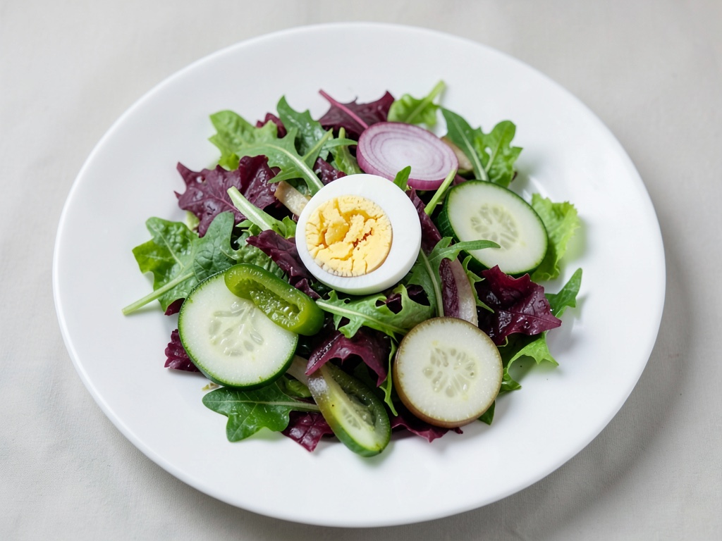 Insalata mista colorata con cetrioli e uovo poché
