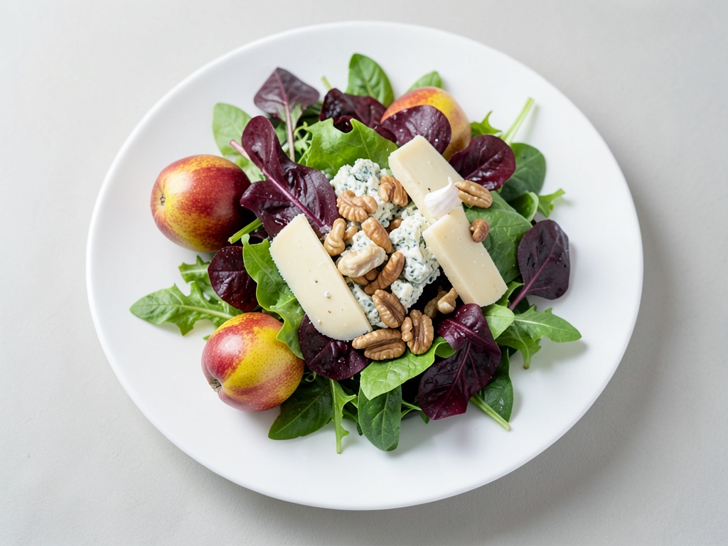 Knackiger Blattsalat mit Käse, Birnen und Nüssen