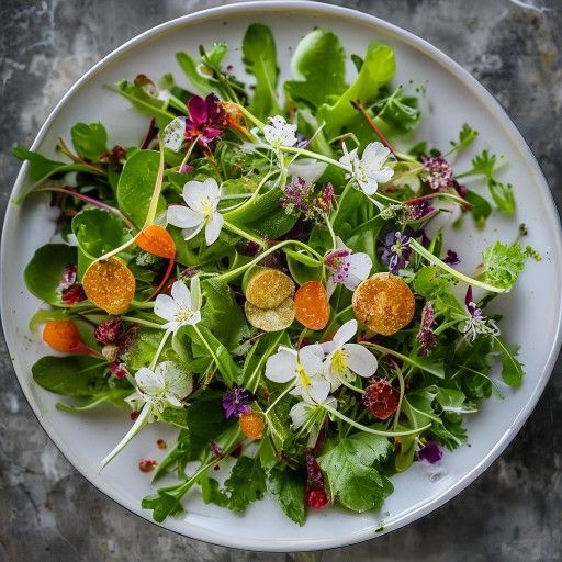 Insalate di foglie croccanti alle erbe con fiori commestibili