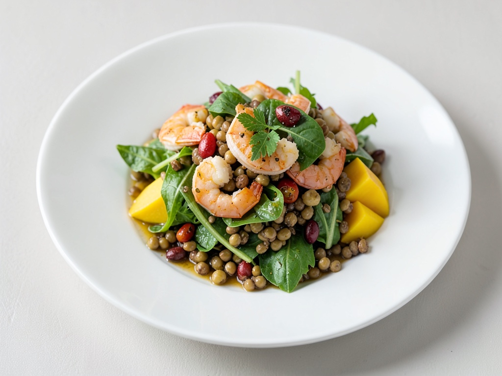 Ensalada mixta de hojas con lentejas, gambas y mango