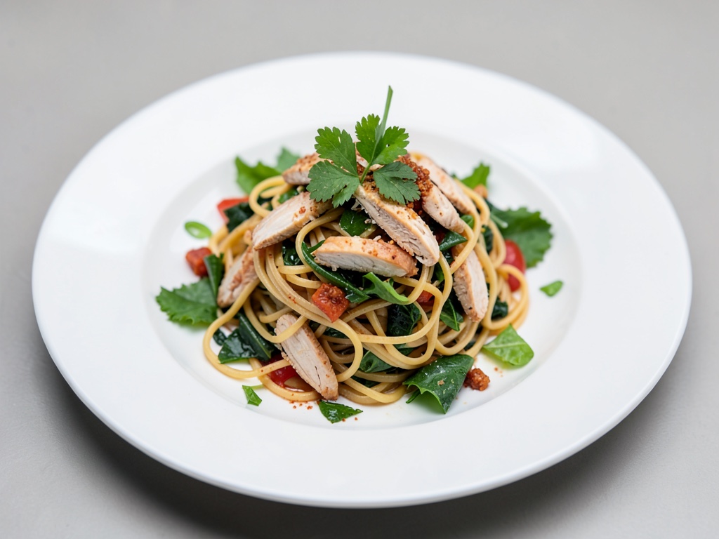 Nudel-Salat mit Hähnchen und Blattgemüse