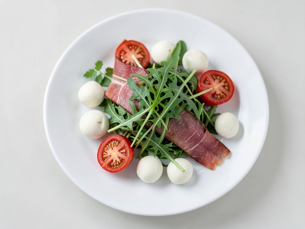 Insalata mista di foglie con prosciutto e spiedini di pomodori