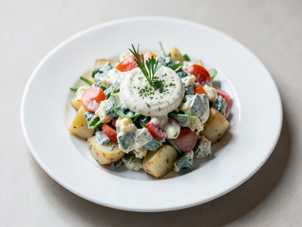 Insalata di patate blu con salsa alle erbe