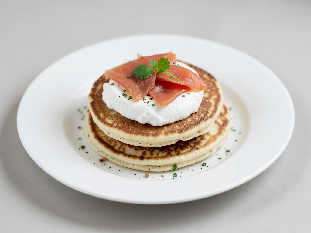 Tortitas pequeñas con crema agria y salmón ahumado