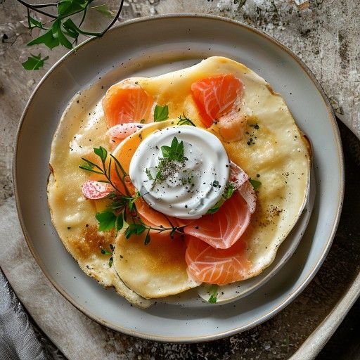 Tortitas de levadura planas con crema agria y salmón ahumado