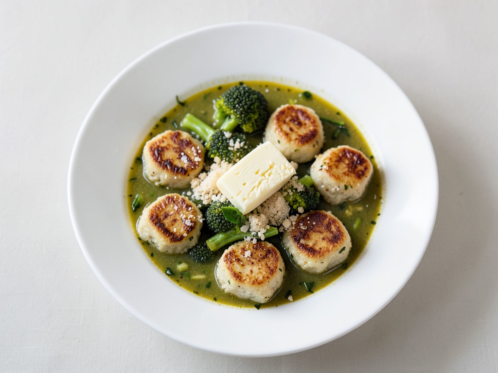 Sopa cremosa de coliflor y brócoli con ñoquis de polenta caseros