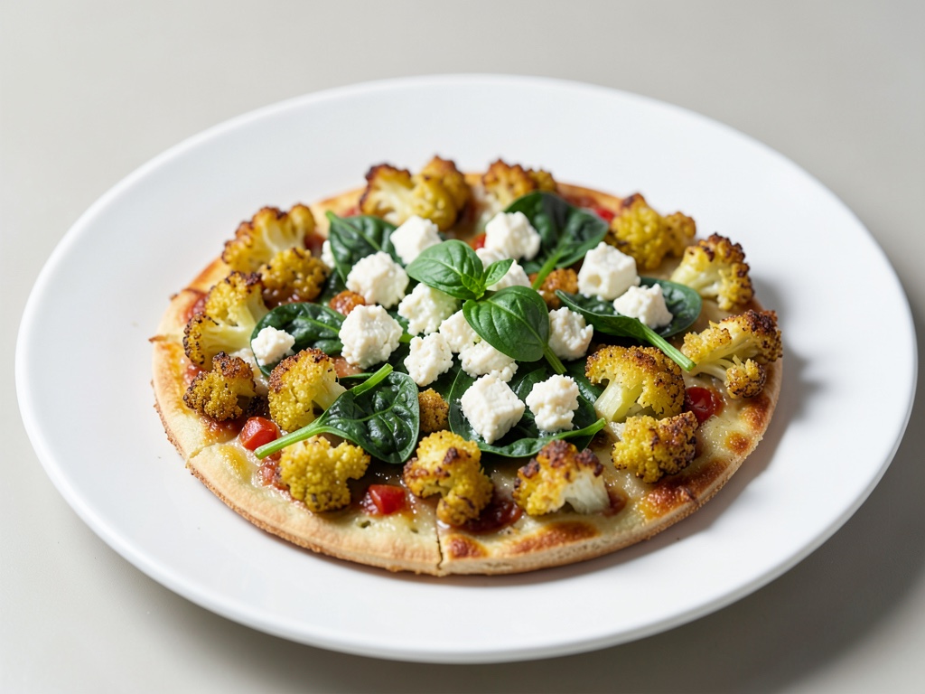 Pizza croccante al cavolfiore con formaggio di capra e spinaci