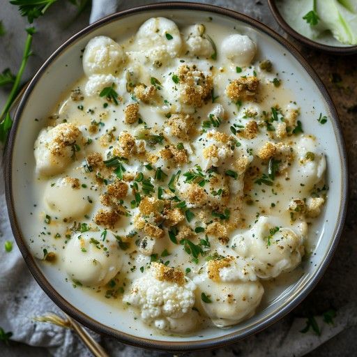 Zuppatissima zuppa di cavolfiore con croccanti briciole di noci e erba cipollina