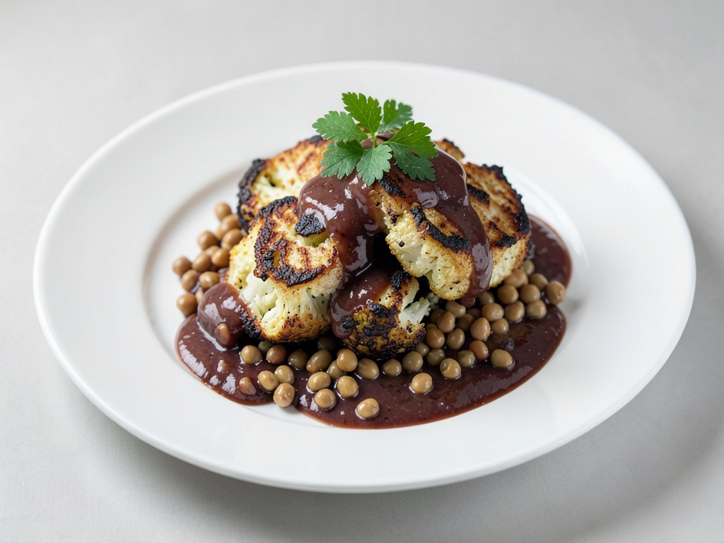 Chou-fleur au four avec lentilles et sauce aux pruneaux