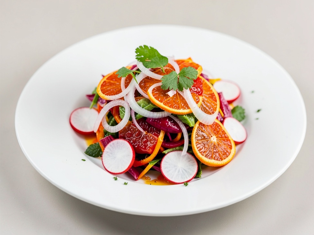 Ensalada de naranja sanguina con cebollas y rábano