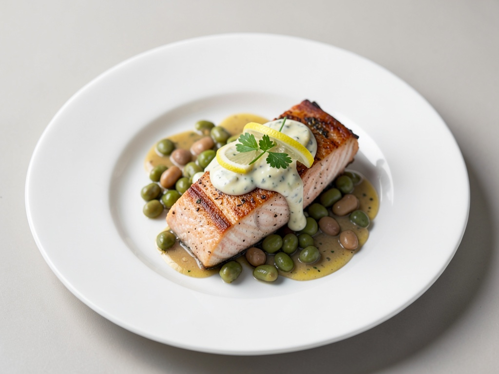 Salmone con fagioli e condimento al limone