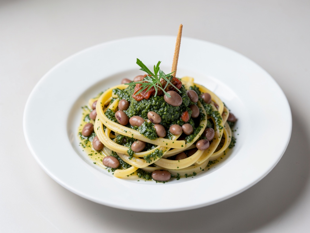 Nudeln mit Bohnen und Rucola-Pesto
