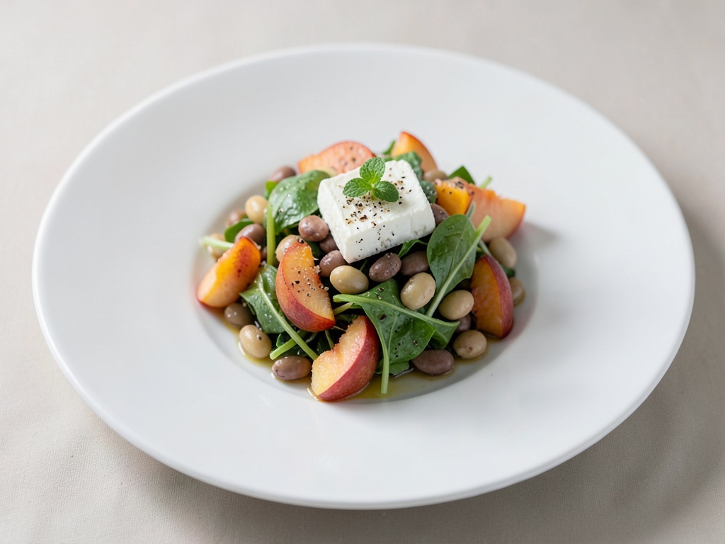 Insalata fresca di fagiolini e pesche con formaggio di capra
