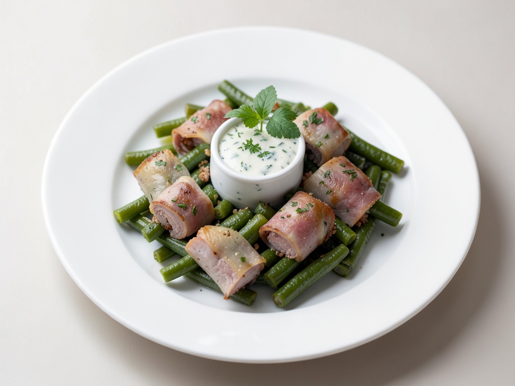 Involtini di fagiolini con prosciutto e salsa alle erbe fresche