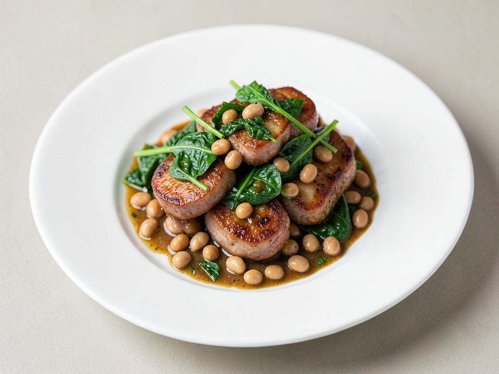 Piatto in padella con salsiccia, fagioli e spinaci