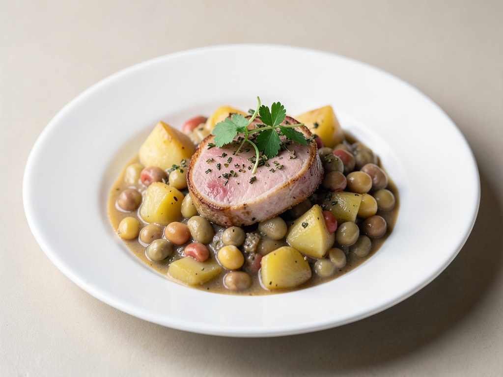 Stufato di fagioli e patate con prosciutto e fava