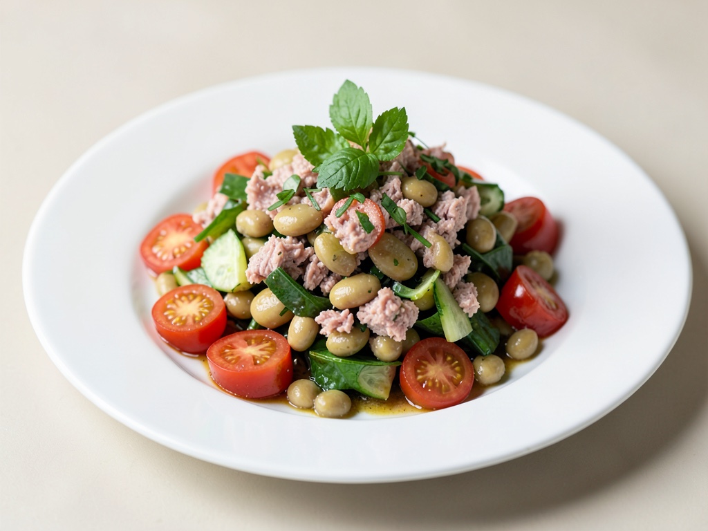 Insalata fresca di fagiolini, tonno e pomodori
