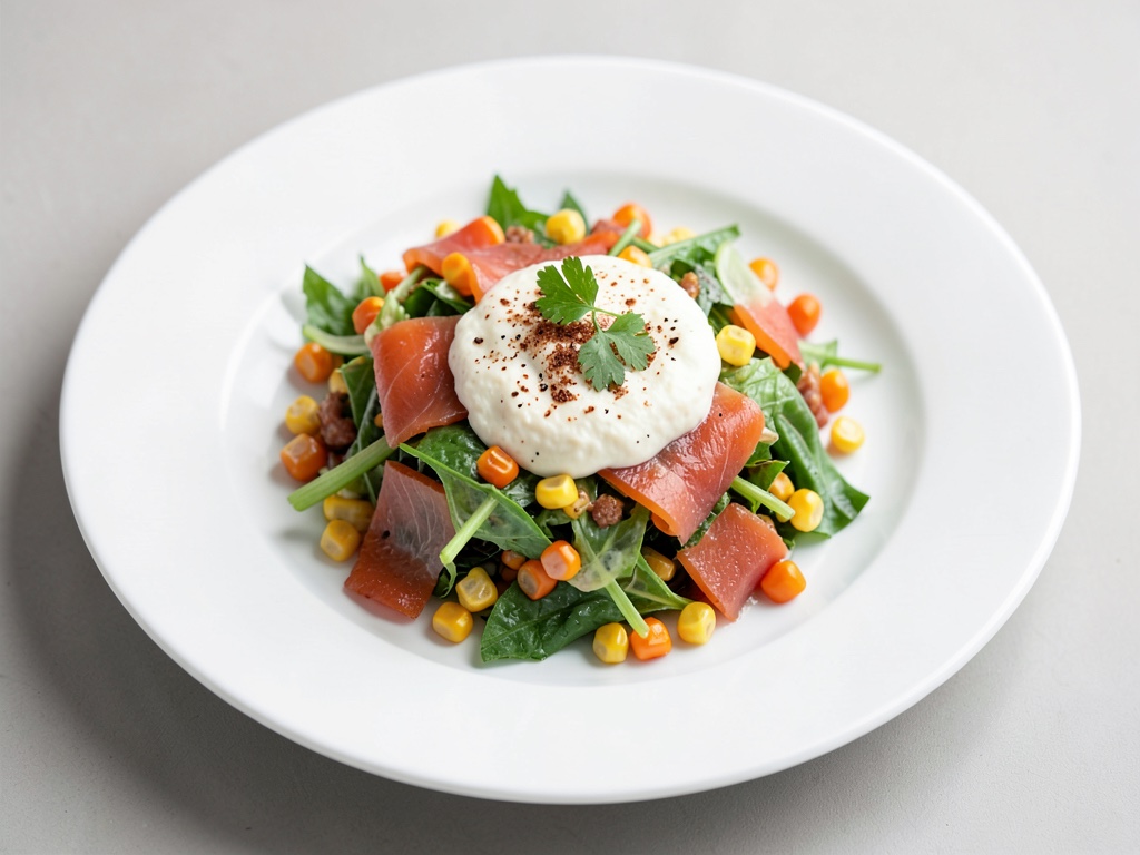 Insalata di valeriana con crema di patate e salmone affumicato