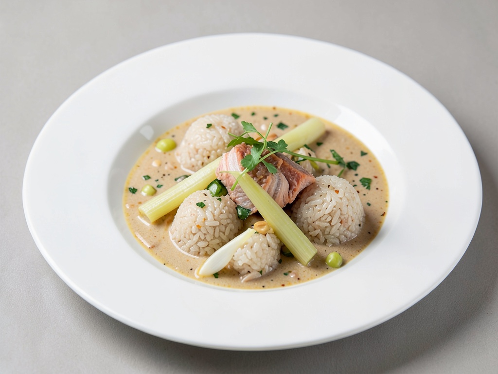 Soupe de saumon avec boulettes de riz, pousses de bambou et légumes