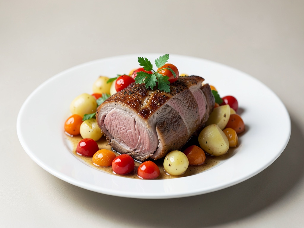 Carne tenera di maiale arrosto con verdure di patate e peperoni colorati