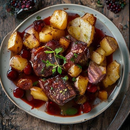 Suculento arrosto di vitello con patate al forno croccanti e salsa ai ribes
