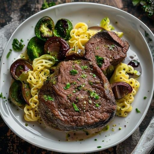 Tenero arrosto di manzo con salsa ai funghi, cavolini di Bruxelles e spätzle