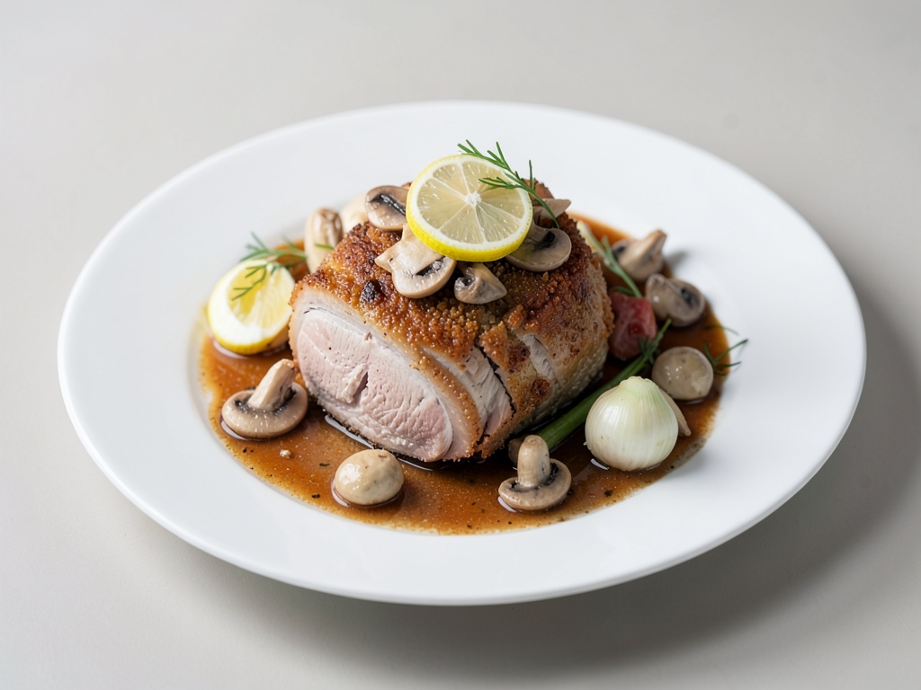 Braciola di maiale croccante al limone, aglio e funghi