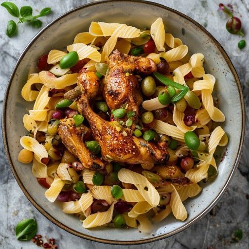Knuspriges Brathähnchen mit Borlottibohnen und Nudeln
