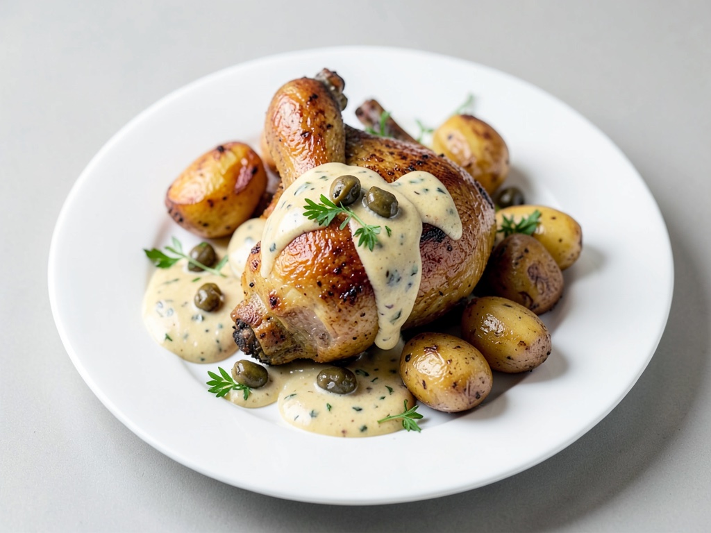 Pernice arrostita con salsa di panna e morelli e patate gratinate