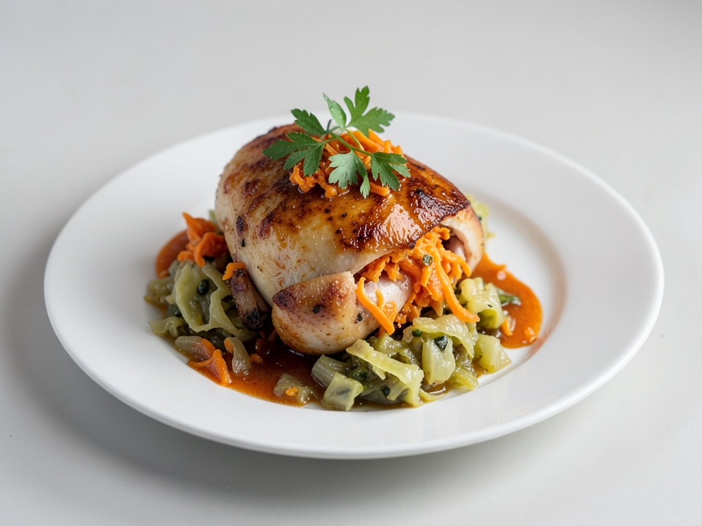 Poulet au four farci aux oranges et choucroute aigre