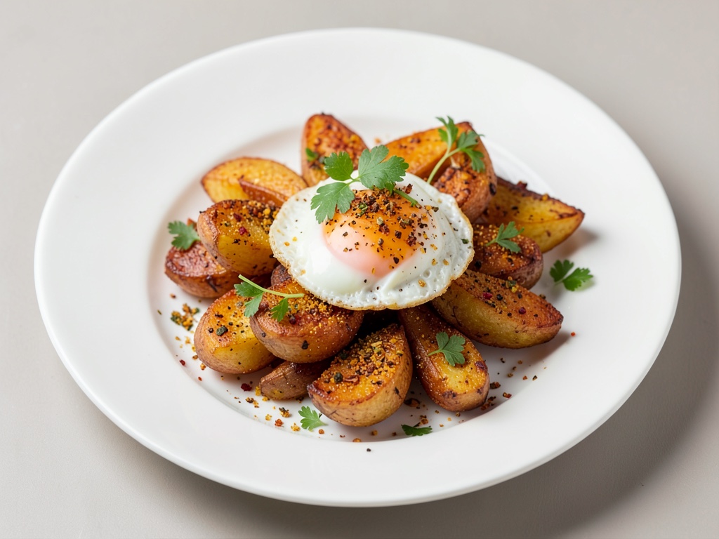 Patate saltate con spezie indiane e uova al tegamino