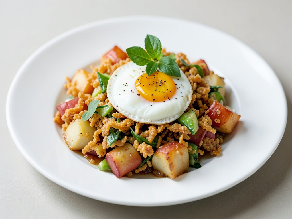 Insalata di patate fritte croccanti con uova al tegamino