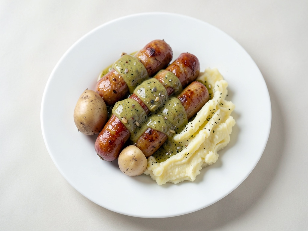 Salsicce croccanti con salsa alle cipolle cremosa e purè di patate soffice
