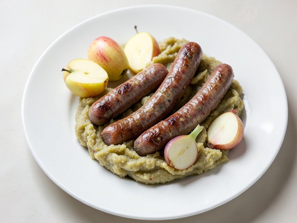 Salsicce di maiale con purè di patate e mele stufate