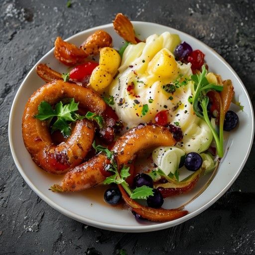 Saucisses grillées avec purée de pommes de terre et chou frisé, bacon croustillant et sauce myrtilles-cassis