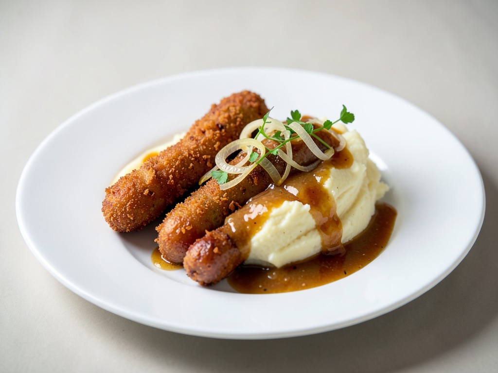 Salchichas crujientes con puré de patatas cremoso y salsa de cebola agridulce