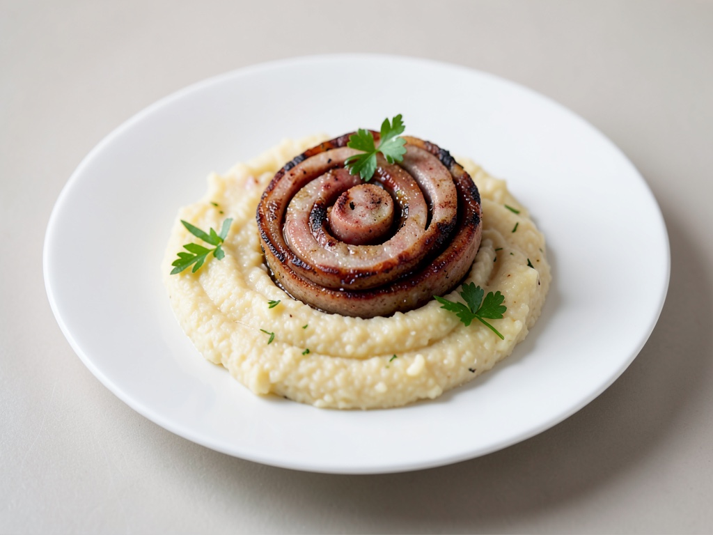 Spirale di salsiccia alla griglia con polenta cremosa