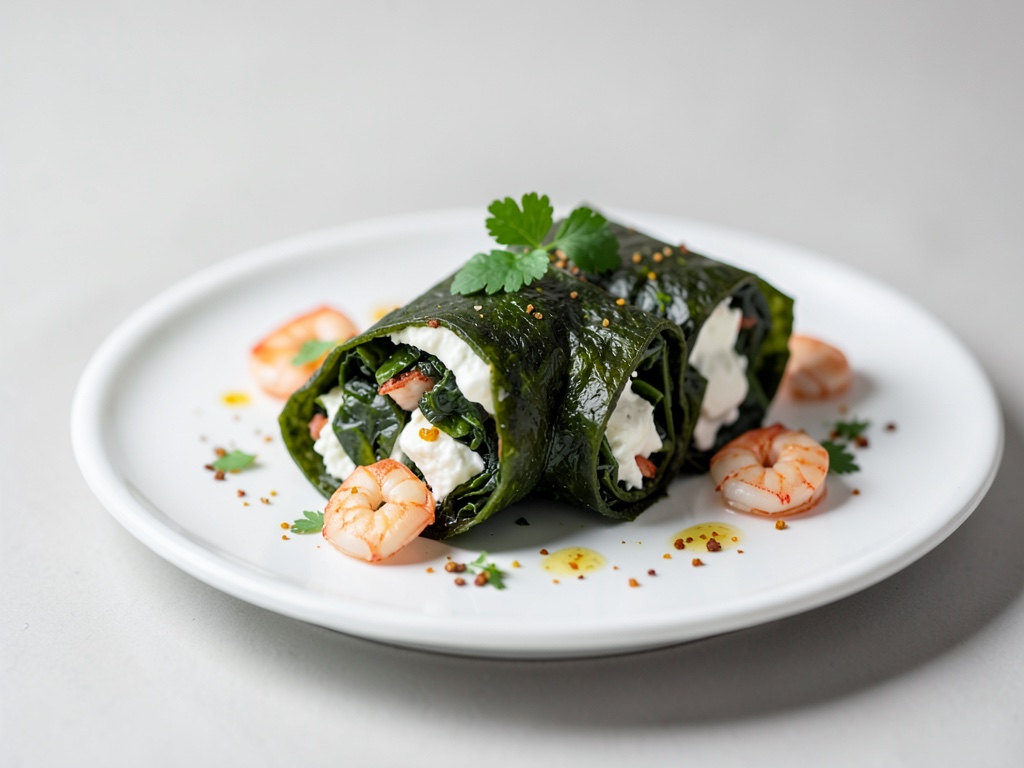 Impacchi di ortica verde con formaggio fresco e gamberi