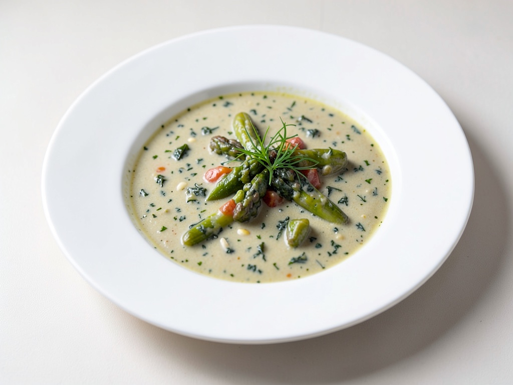Sopa cremosa de espárragos y ortigas